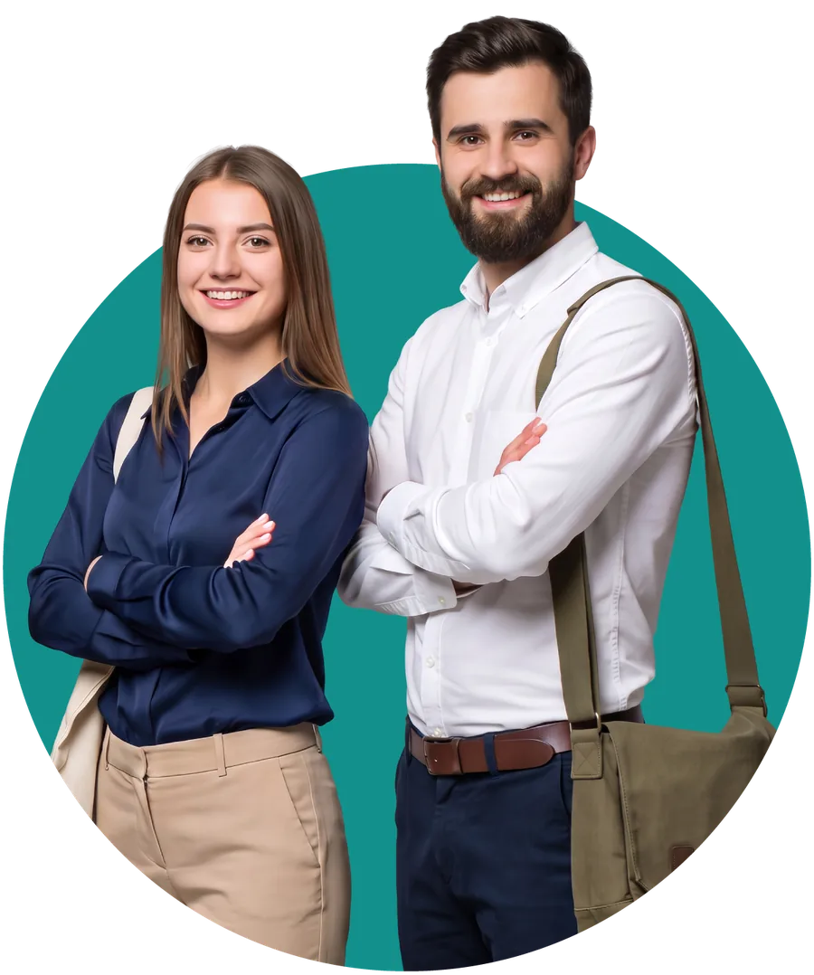 Dos emprendedores de la comunidad, de pie y con los brazos cruzados