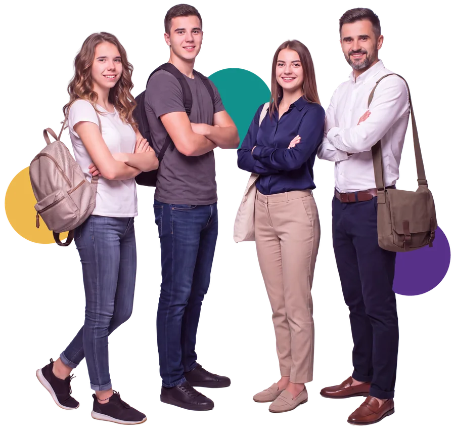 Cuatro personas de distintas generaciones, de pie